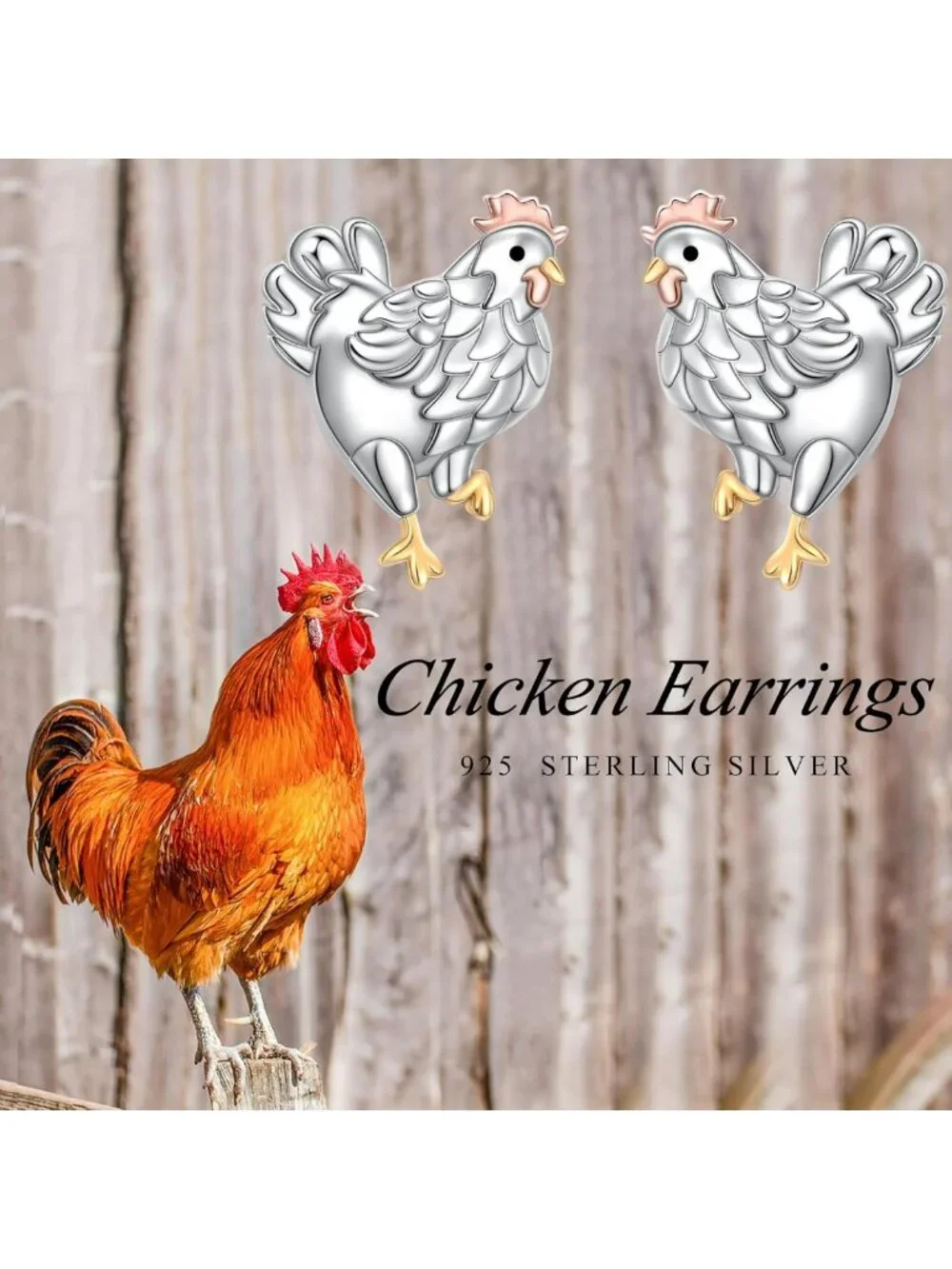 Sterling Silver S925 Chicken Rooster Hen Earrings - Unique Women's Jewelry Gift
